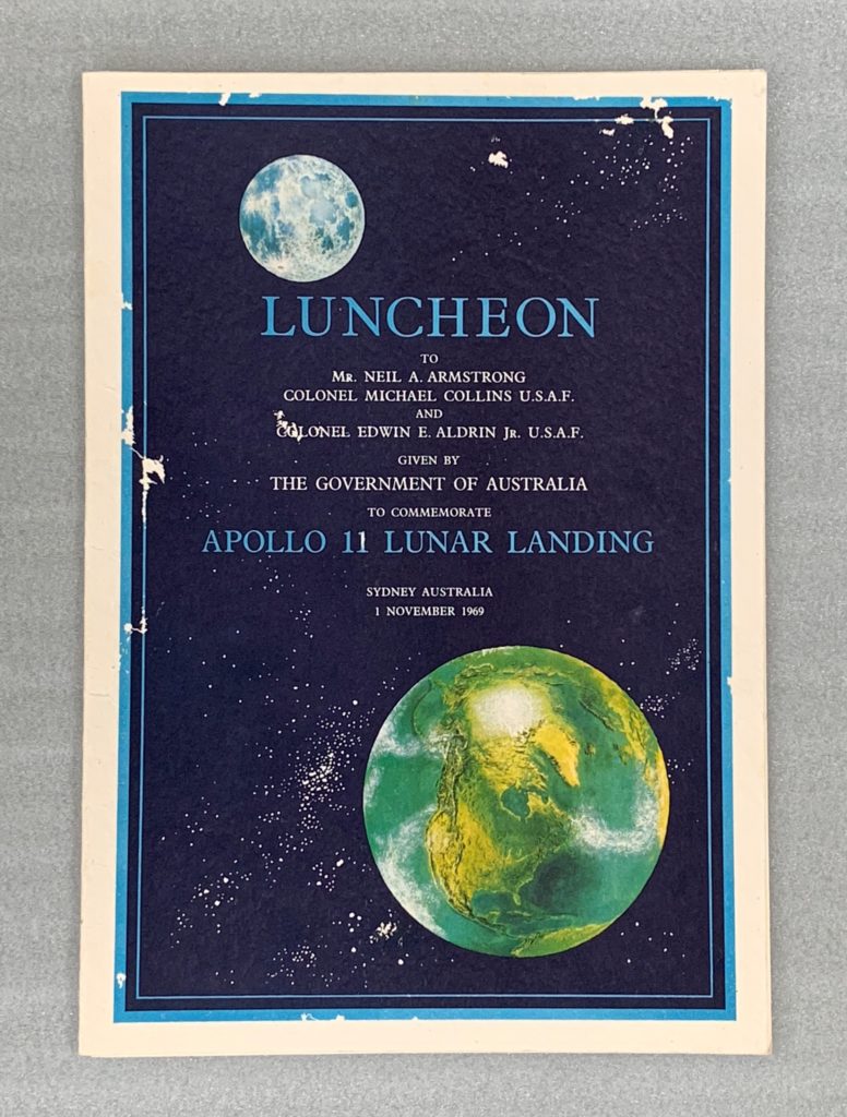 Luncheon menu for the astronauts, Front page, November 1, 1969 - Wentworth Hotel, Sydney.